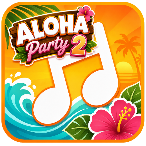 App icon for 'Aloha Party 2' featuring tropical hibiscus, palm trees, and a large white musical note on an orange sunset background.