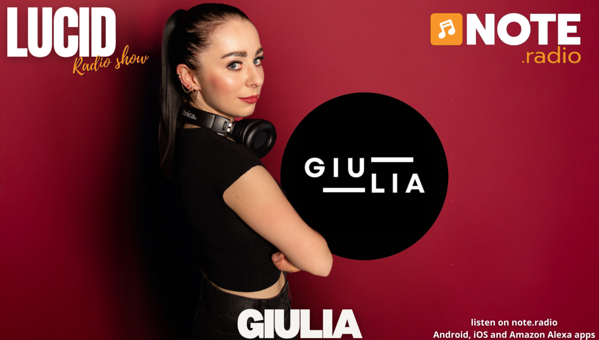 Promotional banner featuring a woman with headphones against a red gradient, advertising LUCID Radio Show with host Giulia and the NOTE radio brand.