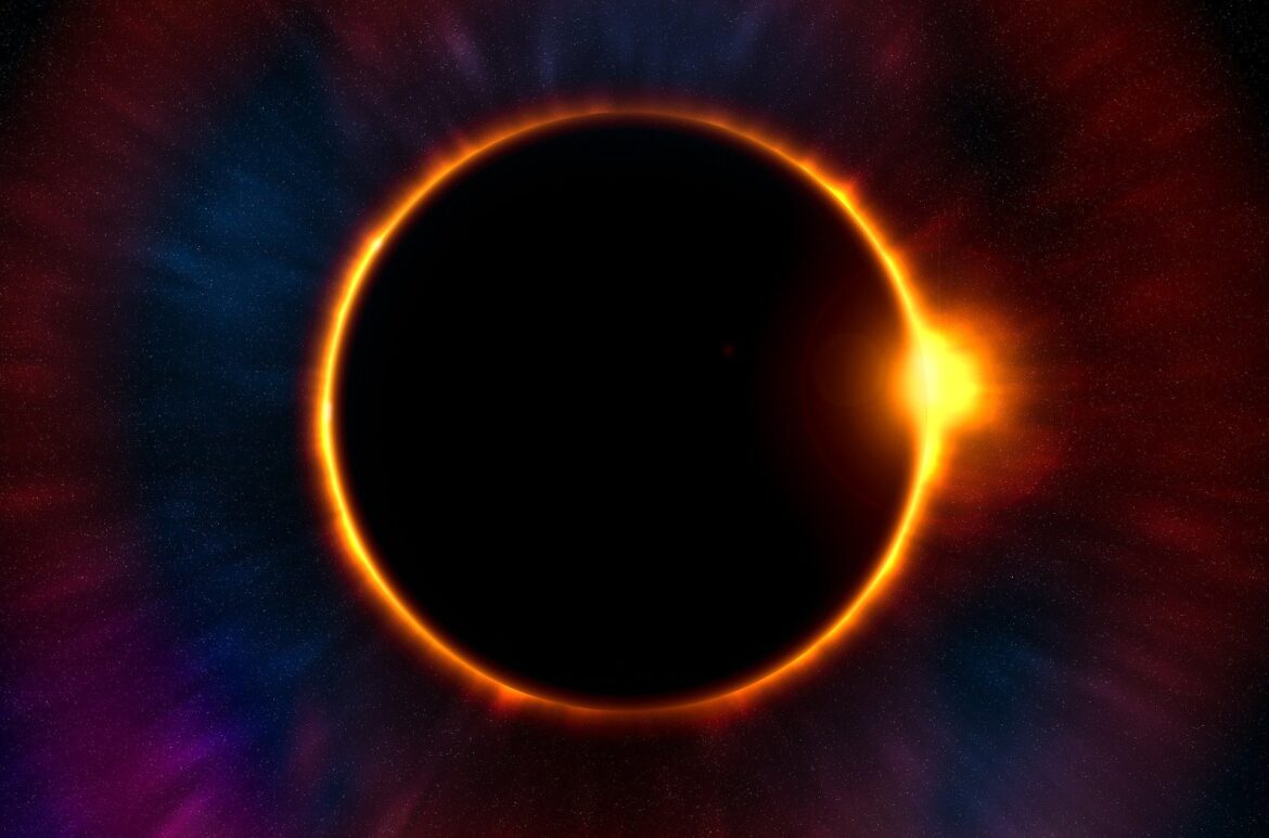 Solar eclipse with a bright orange corona around a dark disk, against a starry space background.