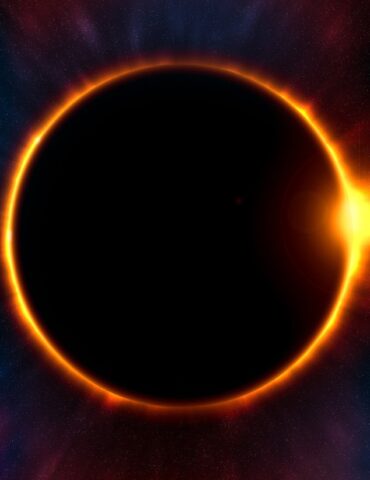 Solar eclipse with a bright orange corona around a dark disk, against a starry space background.