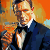 Stylized portrait of a man in a tuxedo raising a glass of champagne against a bold orange background.