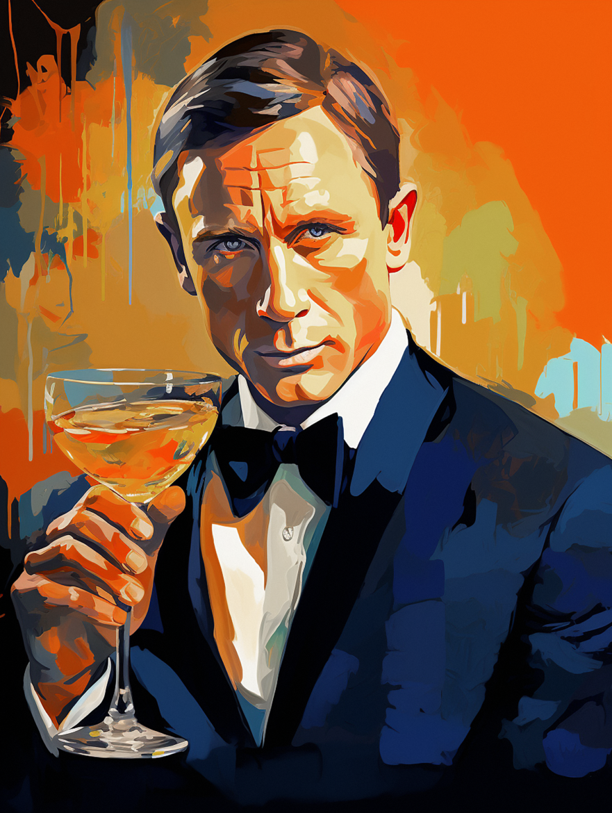 Stylized portrait of a man in a tuxedo raising a glass of champagne against a bold orange background.