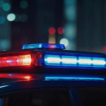 Police car roof with red and blue emergency lights flashing at night in a city setting.