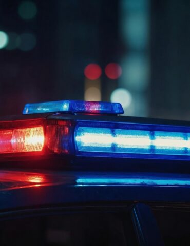 Police car roof with red and blue emergency lights flashing at night in a city setting.