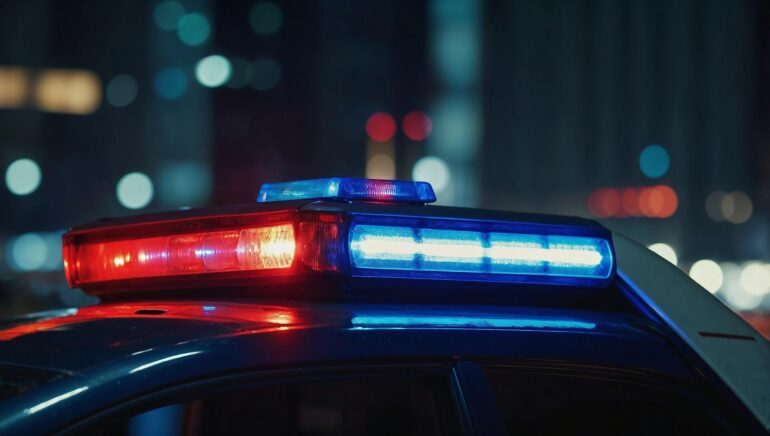 Police car roof with red and blue emergency lights flashing at night in a city setting.