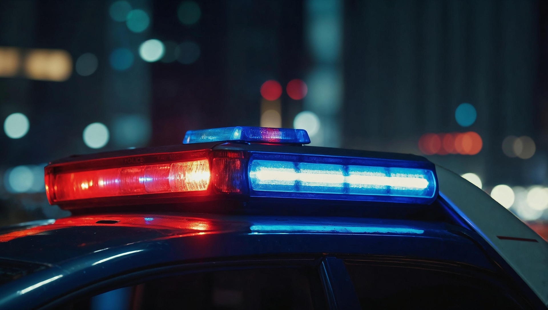 Police car roof with red and blue emergency lights flashing at night in a city setting.