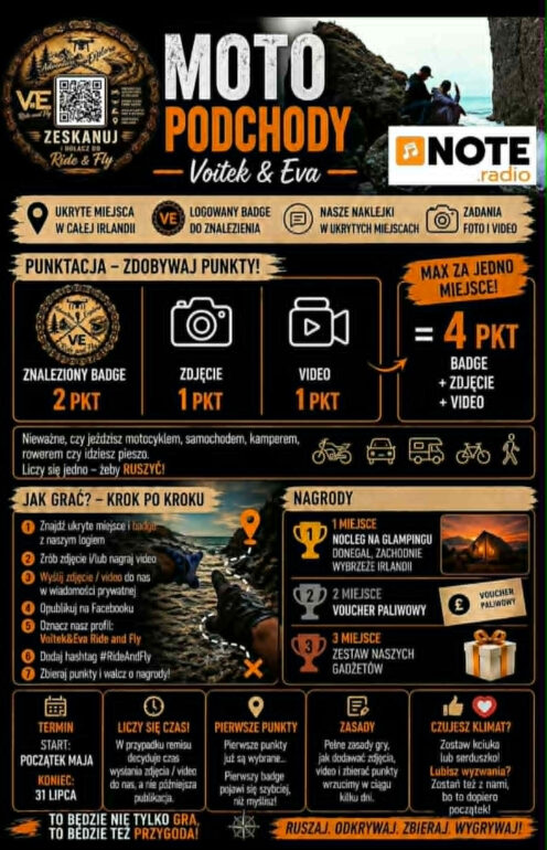 Banner promoting Moto Podchody with Voitek & Eva on NOTE Radio, featuring a rock cliff background and a left round badge.