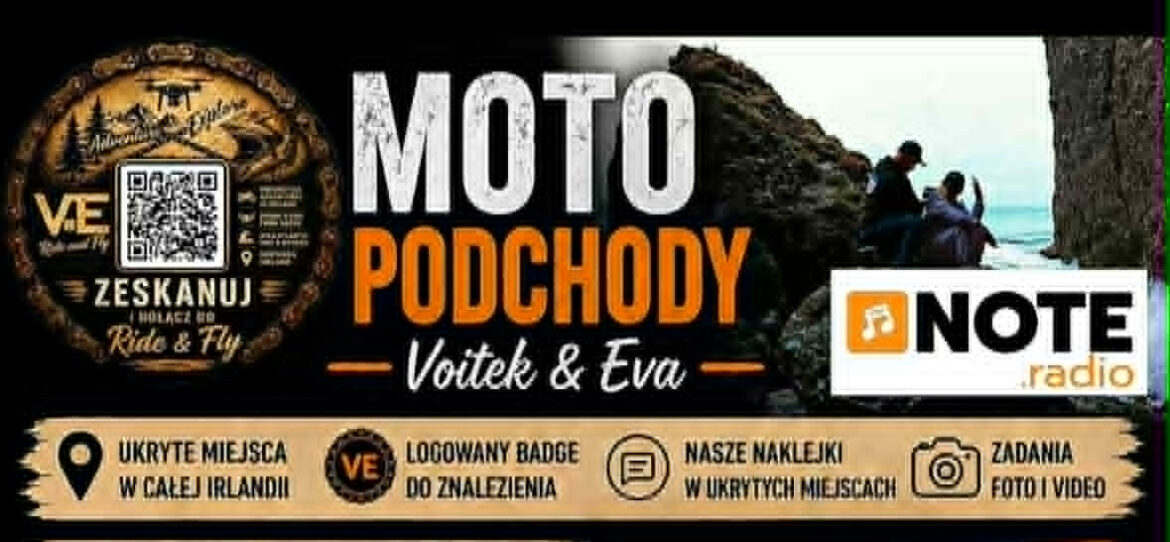 Banner promoting Moto Podchody with Voitek & Eva on NOTE Radio, featuring a rock cliff background and a left round badge.