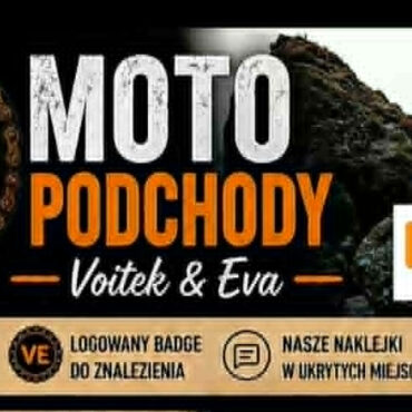 Banner promoting Moto Podchody with Voitek & Eva on NOTE Radio, featuring a rock cliff background and a left round badge.