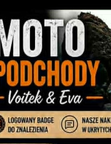 Banner promoting Moto Podchody with Voitek & Eva on NOTE Radio, featuring a rock cliff background and a left round badge.