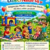 Colorful outdoor event poster advertising a family-friendly picnic for children with autism, with balloons, a playground, and kids playing in a park; includes date, time, and location details in Polish.