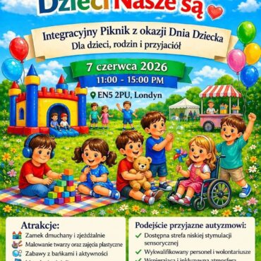 Colorful outdoor event poster advertising a family-friendly picnic for children with autism, with balloons, a playground, and kids playing in a park; includes date, time, and location details in Polish.