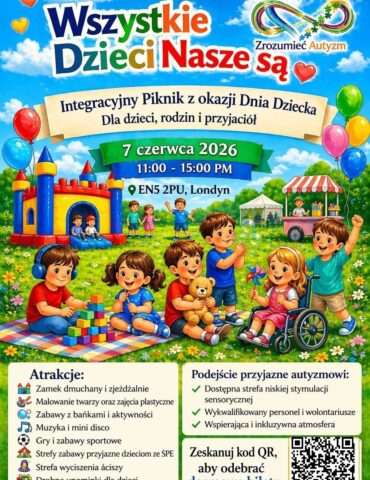 Colorful outdoor event poster advertising a family-friendly picnic for children with autism, with balloons, a playground, and kids playing in a park; includes date, time, and location details in Polish.