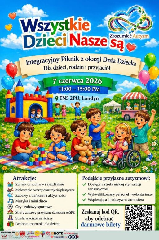 Colorful outdoor event poster advertising a family-friendly picnic for children with autism, with balloons, a playground, and kids playing in a park; includes date, time, and location details in Polish.