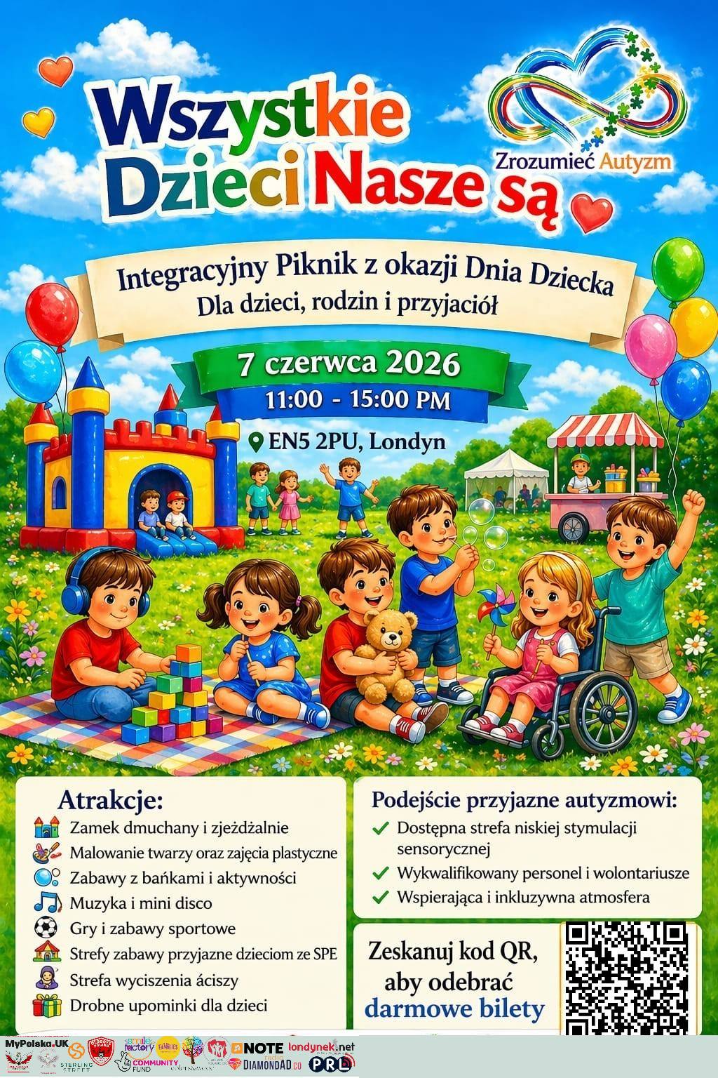 Colorful outdoor event poster advertising a family-friendly picnic for children with autism, with balloons, a playground, and kids playing in a park; includes date, time, and location details in Polish.