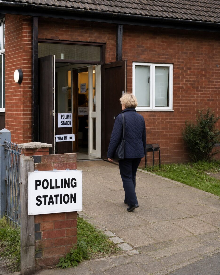 Older woman in a navy quilted jacket approaches the open double doors of a brick polling station on a paved path, with a 'Polling Station' sign outside.