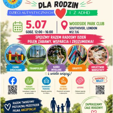 Bright, colorful event poster advertising a family picnic for autistic children and those with ADHD, with date 5.07, 12:00–16:00, at Woodside Park Club, Southover, London N12 7JG; features icons for activities like bouncy castles, trampolines, bubbles, graffiti, and crafts, plus family-friendly messaging and QR codes.