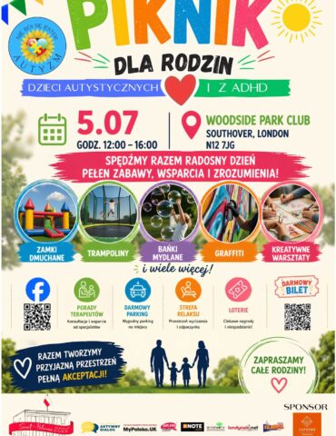 Bright, colorful event poster advertising a family picnic for autistic children and those with ADHD, with date 5.07, 12:00–16:00, at Woodside Park Club, Southover, London N12 7JG; features icons for activities like bouncy castles, trampolines, bubbles, graffiti, and crafts, plus family-friendly messaging and QR codes.