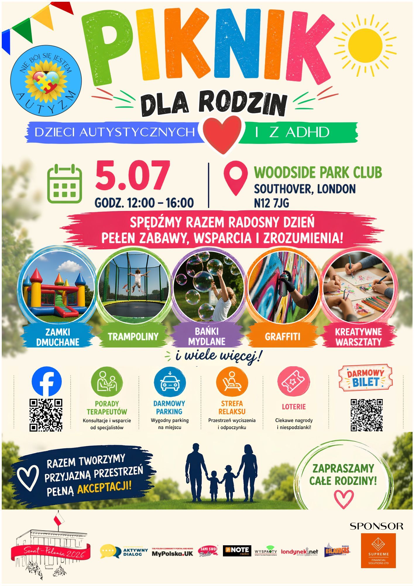 Bright, colorful event poster advertising a family picnic for autistic children and those with ADHD, with date 5.07, 12:00–16:00, at Woodside Park Club, Southover, London N12 7JG; features icons for activities like bouncy castles, trampolines, bubbles, graffiti, and crafts, plus family-friendly messaging and QR codes.