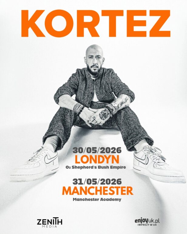 Poster for Kortesz tour: large orange'KORTEZ' at top, a man seated in the center wearing a patterned suit and white sneakers; tour dates London and Manchester below.