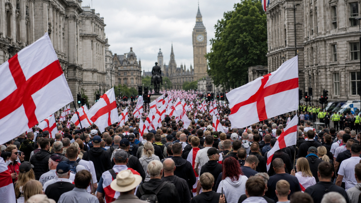 Crowd of people marching on a street lined with historic buildings, many waving England flags with red crosses against white background, Big Ben in the distance.