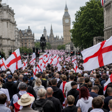Crowd of people marching on a street lined with historic buildings, many waving England flags with red crosses against white background, Big Ben in the distance.