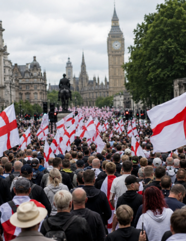 Crowd of people marching on a street lined with historic buildings, many waving England flags with red crosses against white background, Big Ben in the distance.