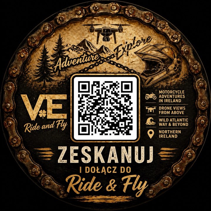 Circular badge with a QR code in the center, surrounded by rugged gear and text about motorcycle adventures and Ride & Fly services.