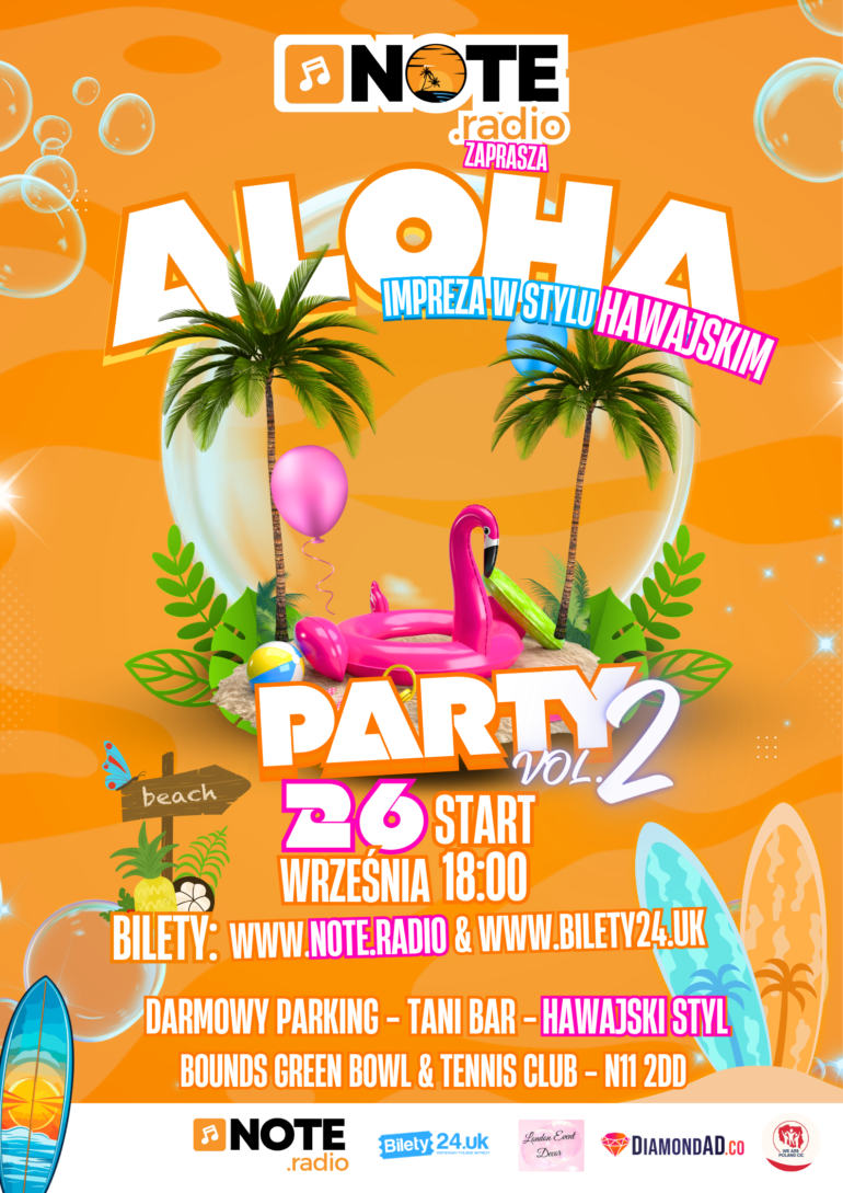Plakat promujący wydarzenie organizowane przez NOTE.radio - ALOHA Party 2 - 26 wrzesień 2026r.