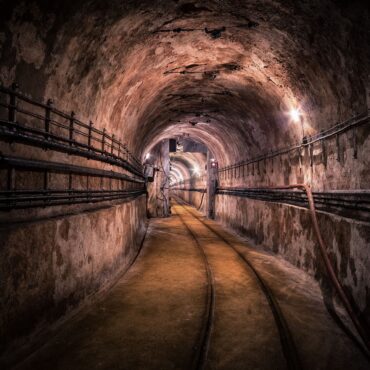 Underground tunnel with curved ceiling, rusty rails along a concrete floor, and dim lighting.