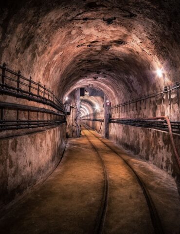 Underground tunnel with curved ceiling, rusty rails along a concrete floor, and dim lighting.