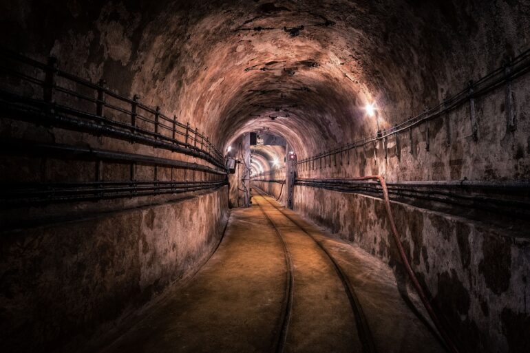 Underground tunnel with curved ceiling, rusty rails along a concrete floor, and dim lighting.