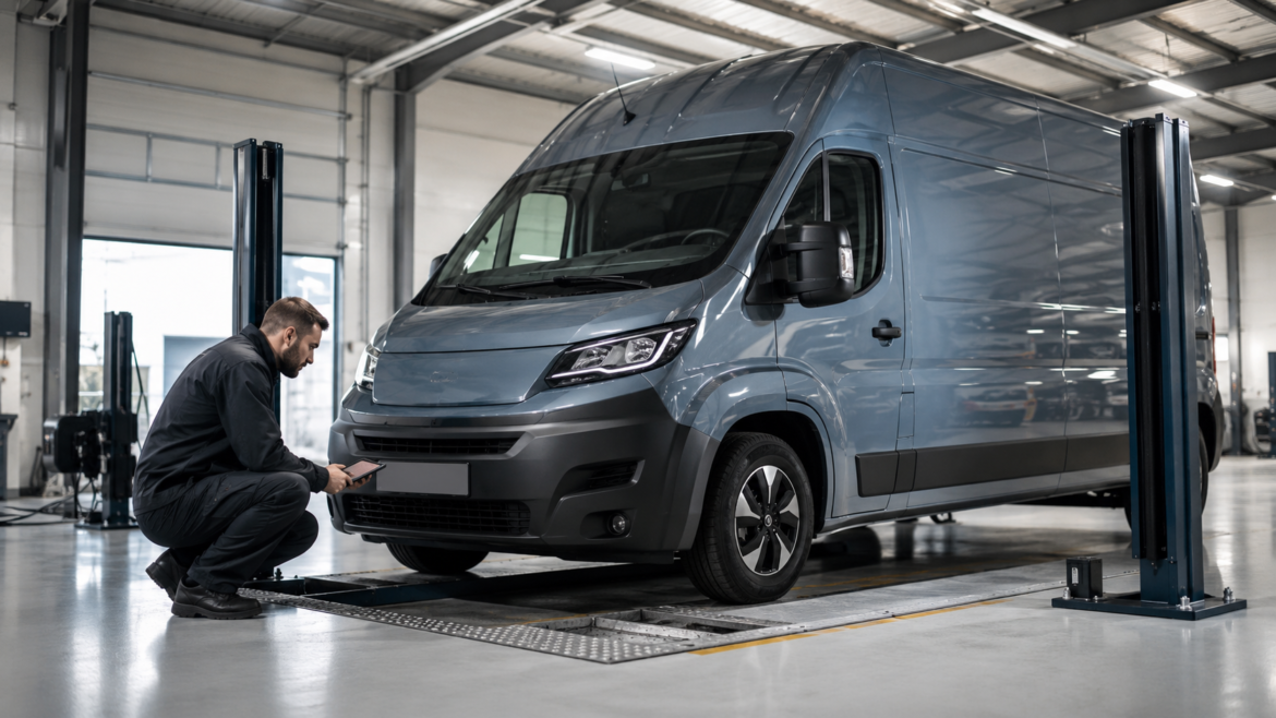 Technician kneeling by a grey van on a workshop lift, inspecting with a tablet in hand.