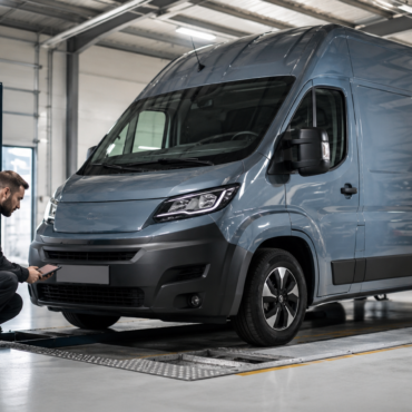 Technician kneeling by a grey van on a workshop lift, inspecting with a tablet in hand.