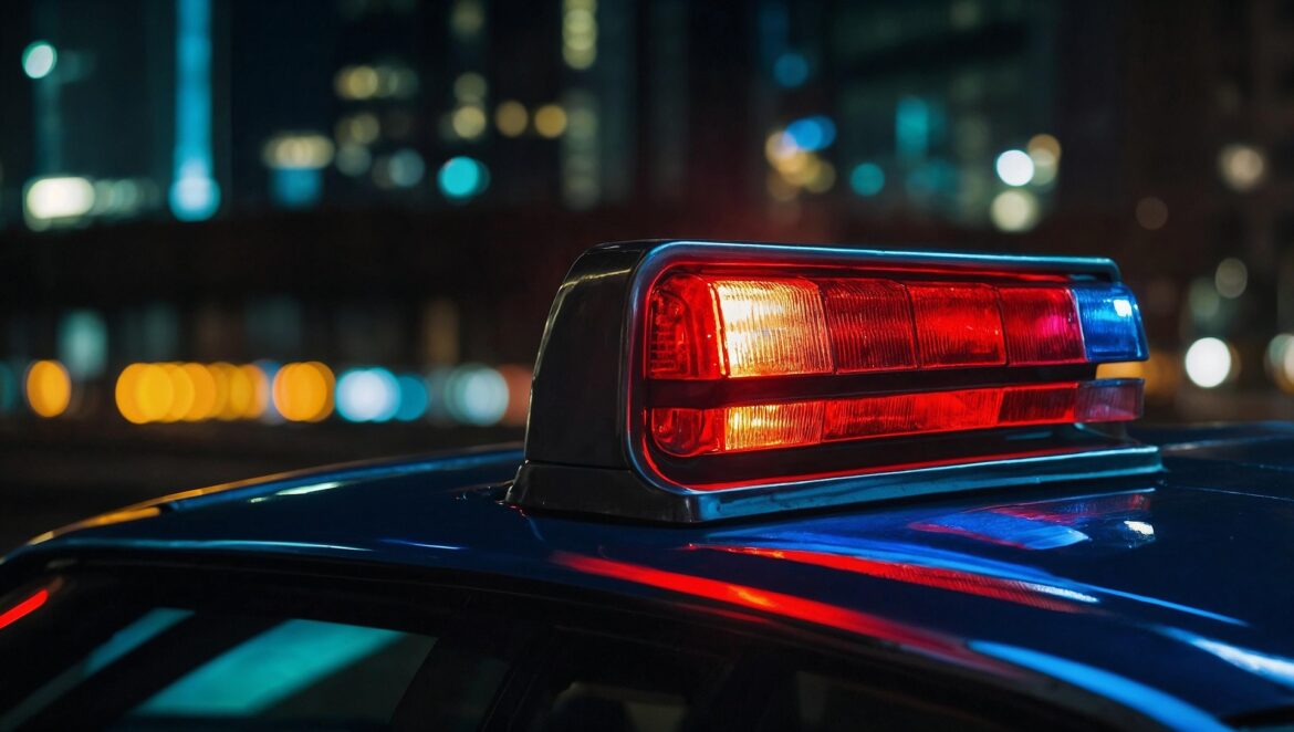 Close-up of a red and blue police light bar on a dark patrol car with city lights blurred in the background at night.
