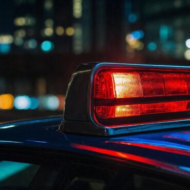Close-up of a red and blue police light bar on a dark patrol car with city lights blurred in the background at night.