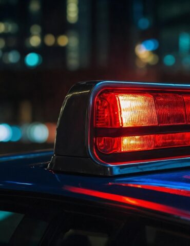 Close-up of a red and blue police light bar on a dark patrol car with city lights blurred in the background at night.