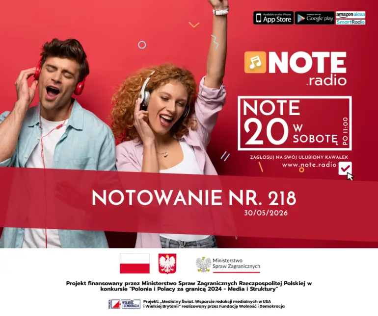 Promotional banner for Note Radio with two people dancing in headphones; features 'NOTOWANIE NR. 218' and 30/05/2026 date, red background.