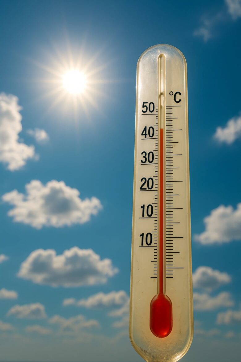 Outdoor thermometer with red mercury around 40°C against a bright, clear blue sky with sunshine.