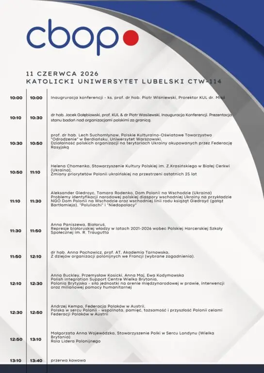 716913976_975467802136351_3731622931672681279_n - NOTE.radio - Polskie radio w UK | Polskie radio w Londynie Conference schedule poster with cbop logo and a timeline of talks in Polish, dated 11 June 2026 at Katolicki Uniwersytet Lubelski CTW-114.