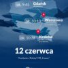 Infographic poster showing flight times and routes: Gdańsk → Warszawa → Kraków, with red map pins.