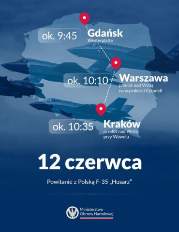 Infographic poster showing flight times and routes: Gdańsk → Warszawa → Kraków, with red map pins.