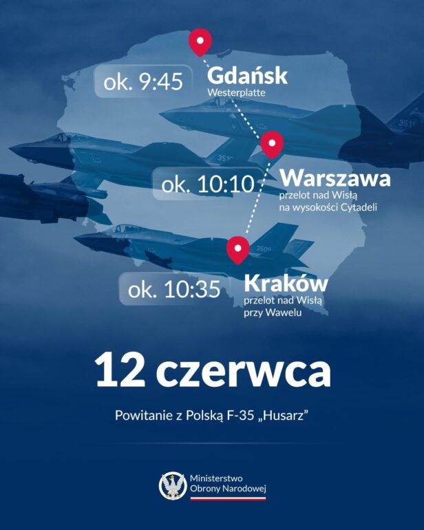 Infographic poster showing flight times and routes: Gdańsk → Warszawa → Kraków, with red map pins.