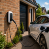 Electric car charging at a home driveway with a wall-mounted charger and plugged-in cable running to the car's charging port on a brick house wall.