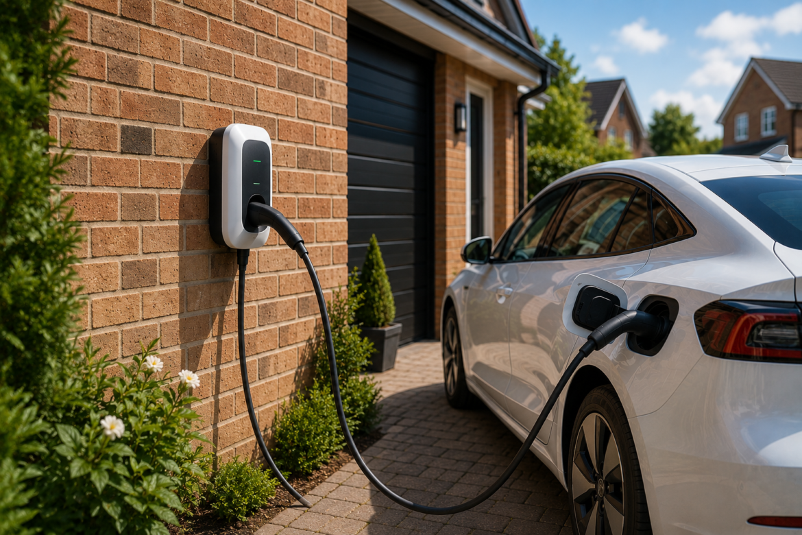 Electric car charging at a home driveway with a wall-mounted charger and plugged-in cable running to the car's charging port on a brick house wall.