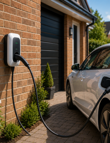 Electric car charging at a home driveway with a wall-mounted charger and plugged-in cable running to the car's charging port on a brick house wall.