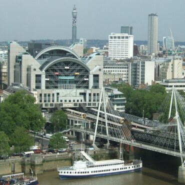 City waterfront with a modern arched train station, a white cable-stayed footbridge, and a riverboat on the river edge.