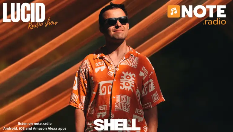 Promotional banner for LUCID radio show featuring a man in an orange patterned shirt and sunglasses, with “LUCID Radio show” on the left and “NOTE radio” logo on the right.