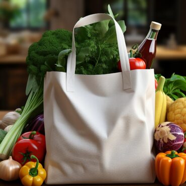 White tote bag overflowing with leafy greens and a bottle, surrounded by fresh vegetables on a wooden table in a kitchen. Since the bag contains greens and a bottle, it emphasizes grocery haul imagery.