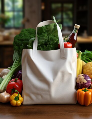 White tote bag overflowing with leafy greens and a bottle, surrounded by fresh vegetables on a wooden table in a kitchen. Since the bag contains greens and a bottle, it emphasizes grocery haul imagery.